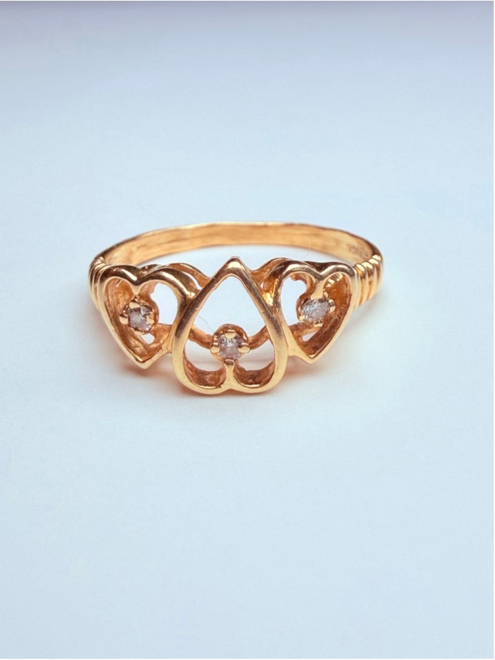 14K Solid Yellow Gold Genuine Diamond Trinity Triple Open Heart Fine VTG Ring
